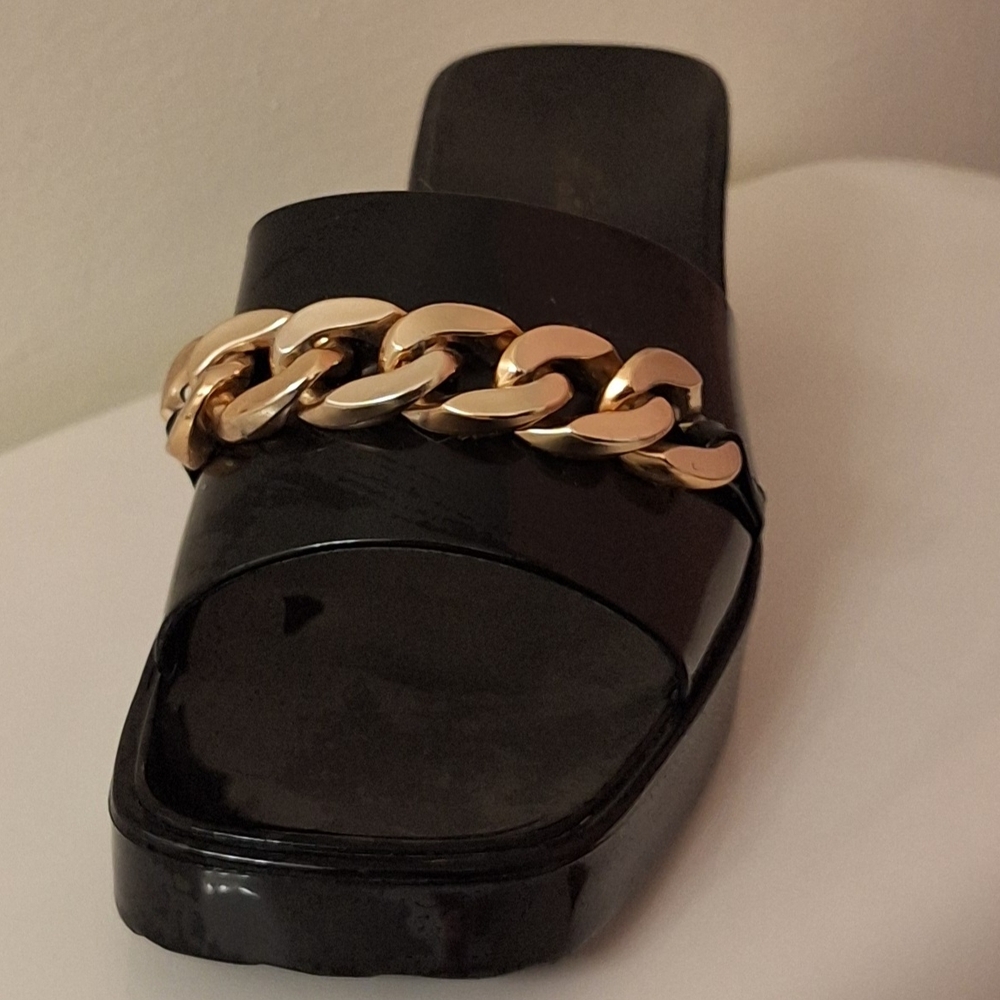 Black Slide Sandals with Gold Chain
